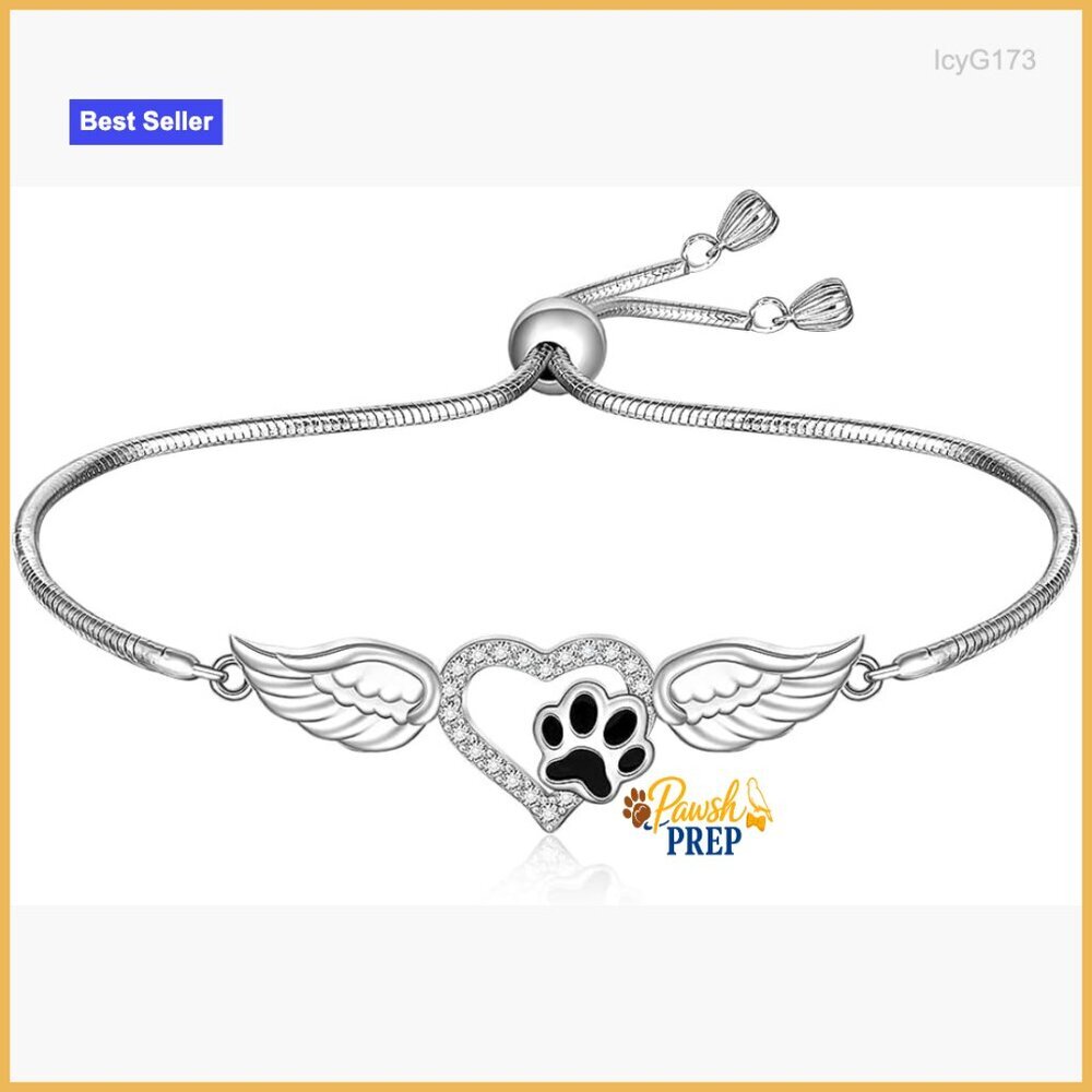 Sterling Silver Paw Print Bracelet Adjustable Angel Wing Memorial Pet Lover Gift